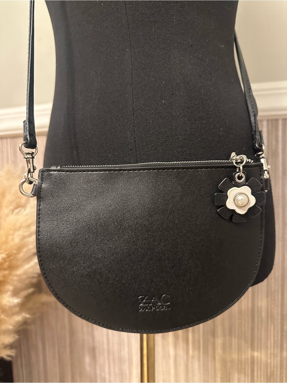 ZAC Zac Posen Black Leather Crossbody Bag Flower Charm NWOT